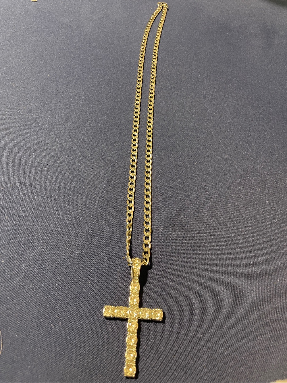 Silver toned cross necklace with gems (Idk why it looks gold in the photos)